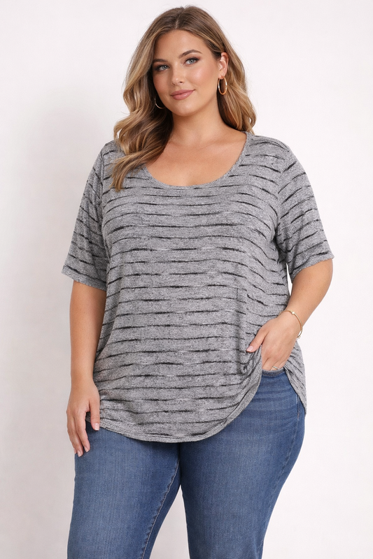 Apt 9 XL Gray & Black Striped Tee – Relaxed Fit Scoop Neck Short Sleeve #B28