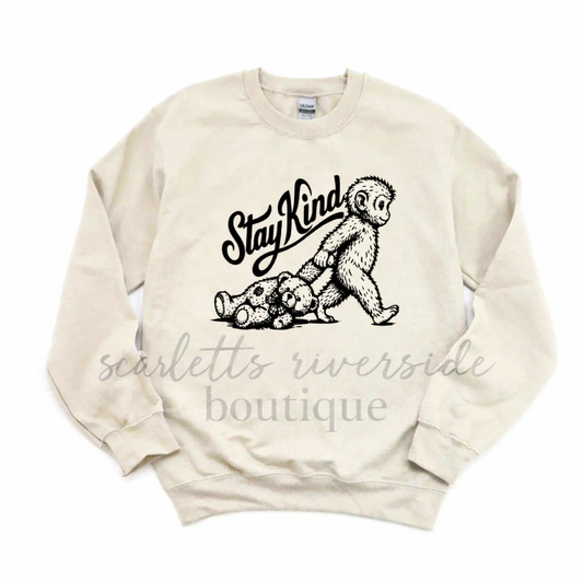 Stay Kind Monkey Teddy Bear Graphic Sweatshirt Gildan Crewneck Beige Unisex Pullover