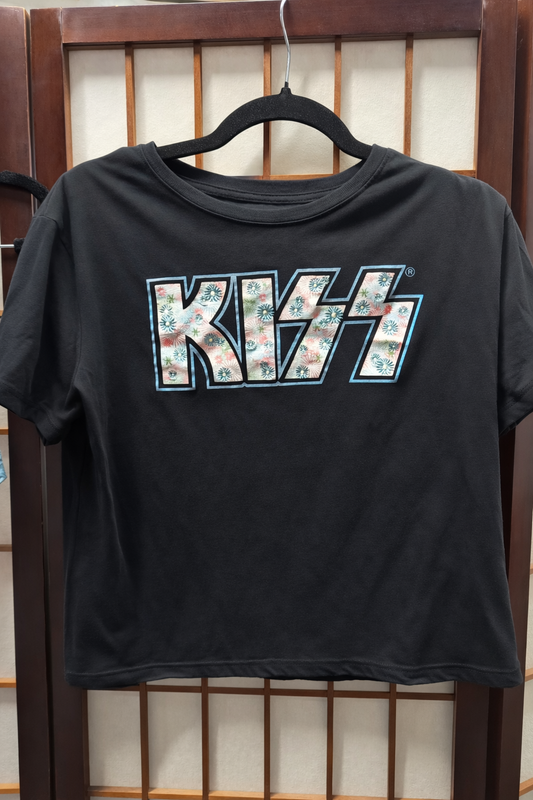 KISS Graphic Band Tee Size L Black Floral Logo Rock T-Shirt #B36