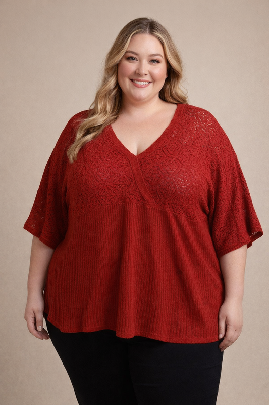 A.N.A  Cozy Crochet V-Neck Knit Top – Deep Red Size 3XL. #68