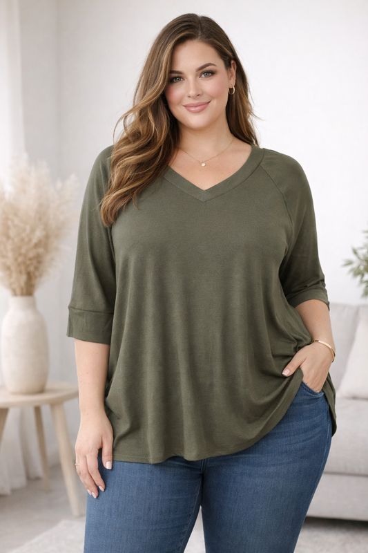 Sweet Lindsay 2X Olive Green Blouse Plus Size 3/4 Sleeve V Neck Tunic Casual #H25