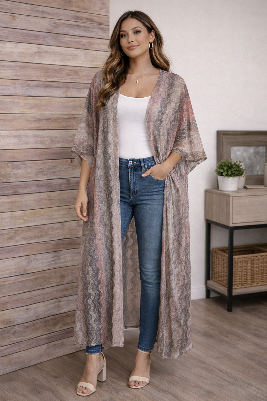 VINCE CAMUTO
Open Front Patterned Duster In Neutral Multi.