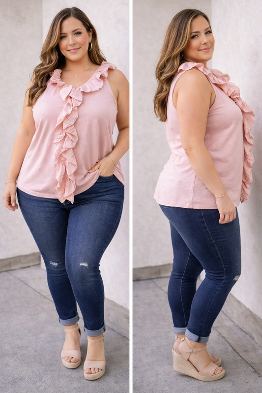 NWT Nautica Jeans Ruffle Front Sleeveless Top XL | Blush Pink Statement Tank#B17