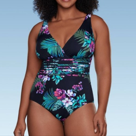 NWT Aqua Green Tropical Floral Waist Detail One Piece Swimsuit Size 22 #A19