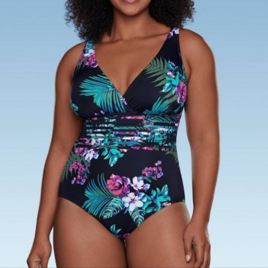 NWT Aqua Green Tropical Floral Waist Detail One Piece Swimsuit Size 22 #A19