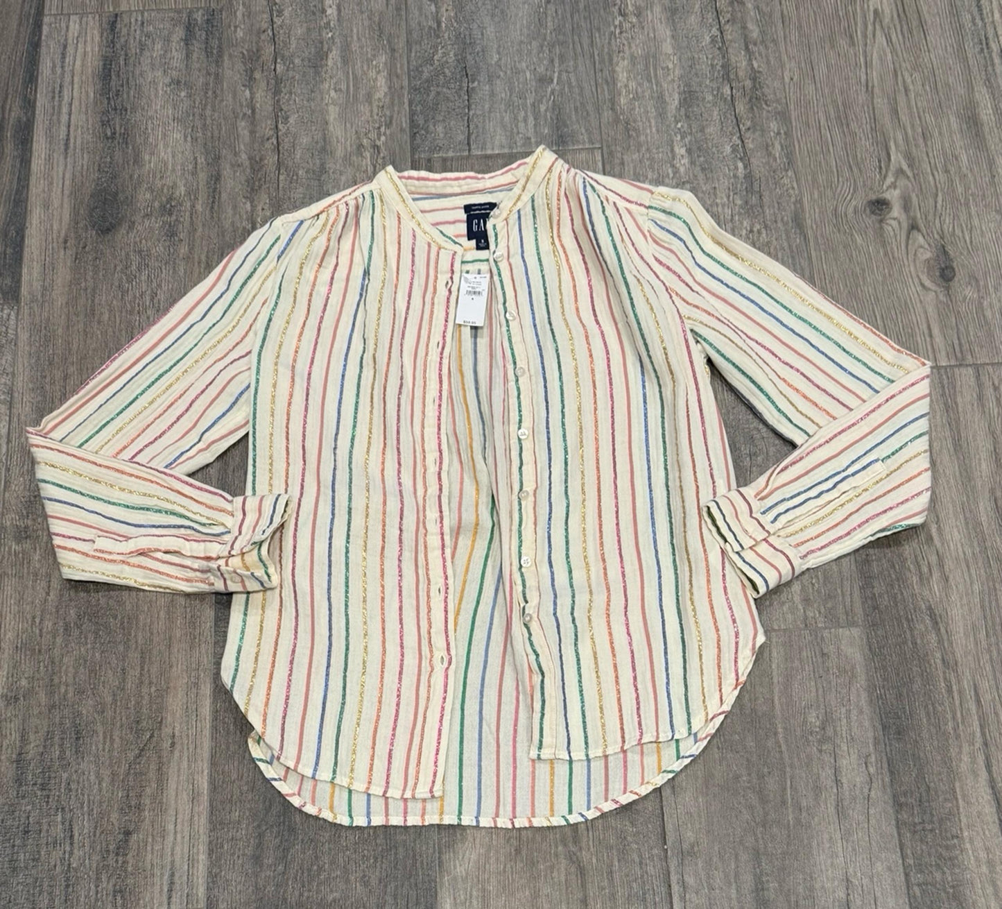 Gap Womens Crinkle Gauze Shiny Rainbow Striped button down top. Size S. RS 65