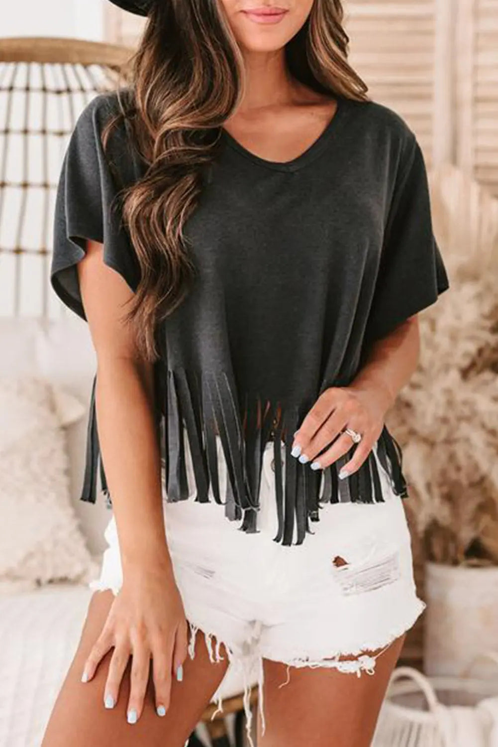 Black Fringe Hem V Neck T Shirt - Scarlett's Riverside Boutique 