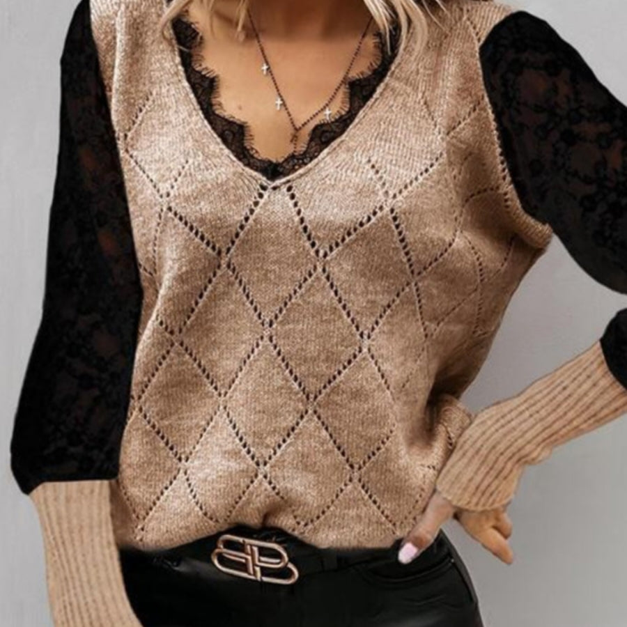 Tina Tan Sweater With Black Lace Accents