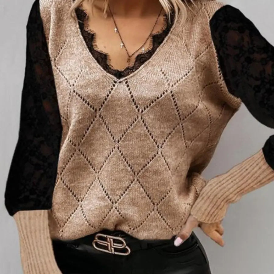 Tina Tan Sweater With Black Lace Accents - Scarlett's Riverside Boutique 