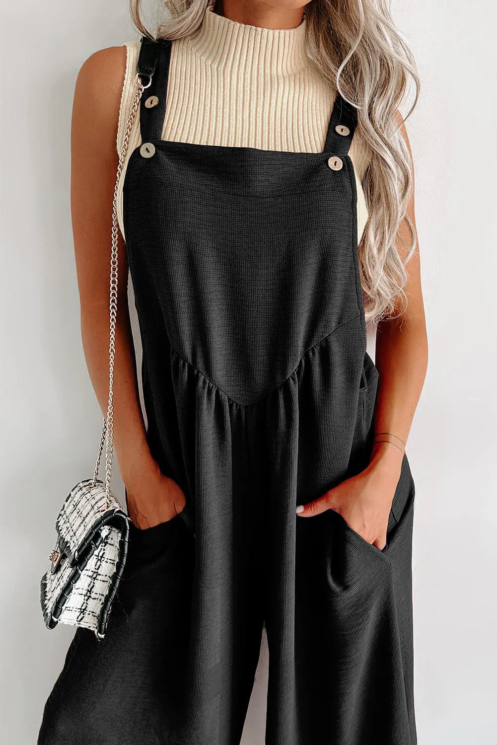 Black Textured Buttoned Straps Ruched Wide Leg Jumpsuit - Scarlett's Riverside Boutique 