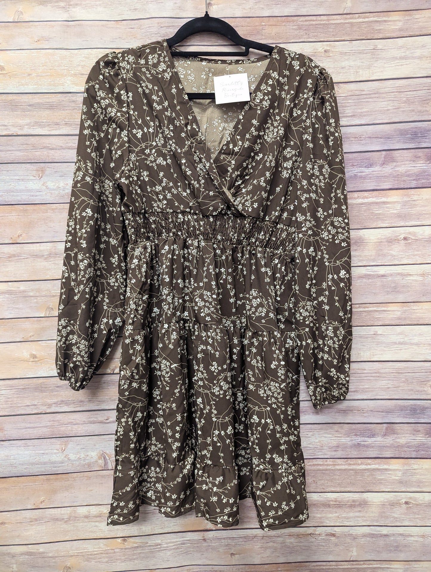 Brown, long sleeve floral dress. Size L