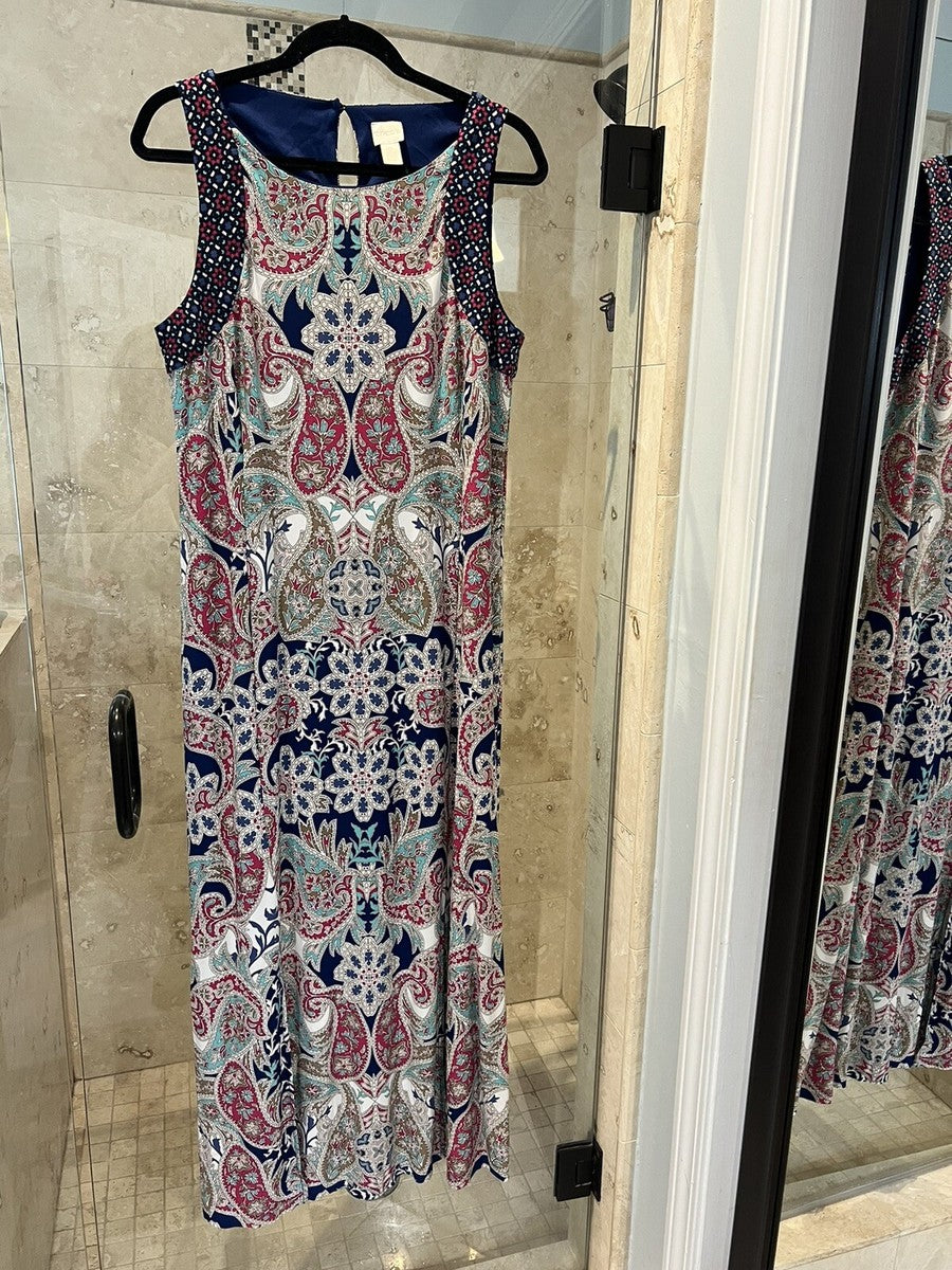 Chico's Mediterranean Waves Maxi Dress Size 3 (Large) Blue White $139 Jersey