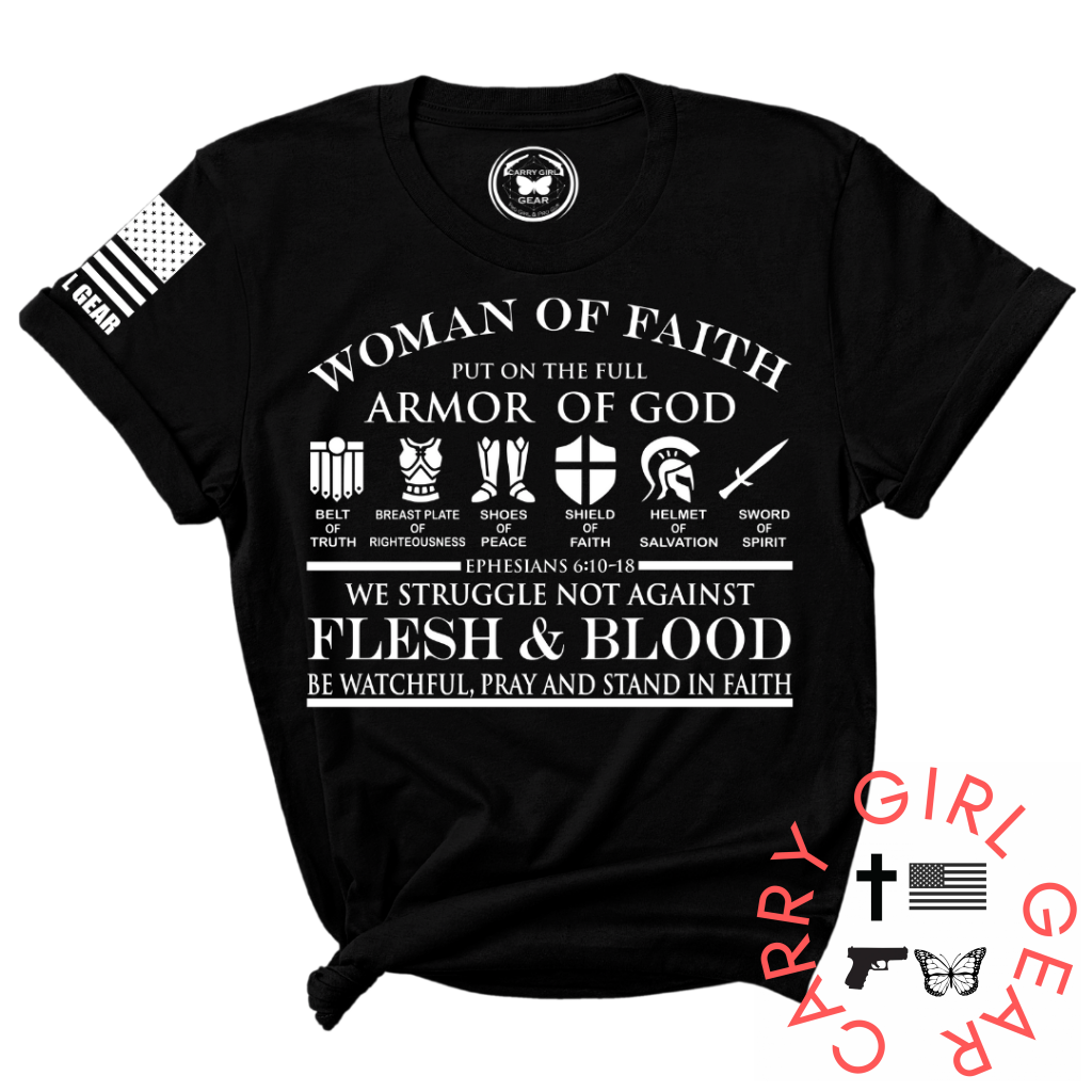 Women’s Christian T-Shirt – “Woman of Faith Armor of God” Ephesians 6:10-18 Bible Verse Tee – Religious Faith Apparel