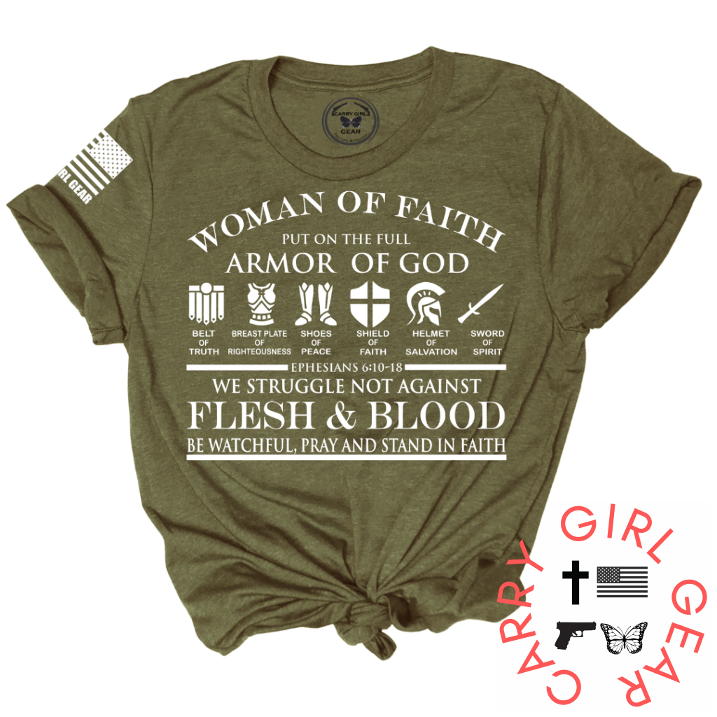 Women’s Christian T-Shirt – “Woman of Faith Armor of God” Ephesians 6:10-18 Bible Verse Tee – Religious Faith Apparel