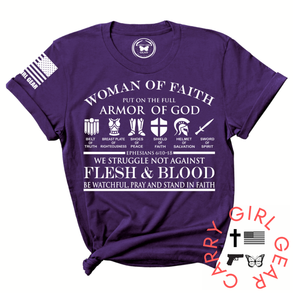 Women’s Christian T-Shirt – “Woman of Faith Armor of God” Ephesians 6:10-18 Bible Verse Tee – Religious Faith Apparel