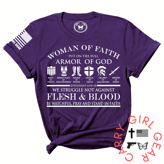 Women’s Christian T-Shirt – “Woman of Faith Armor of God” Ephesians 6:10-18 Bible Verse Tee – Religious Faith Apparel