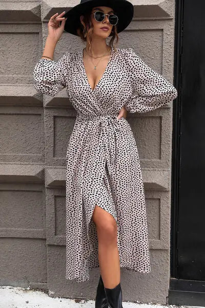 Slit Printed Surplice Balloon Sleeve Dress - Scarlett's Riverside Boutique 