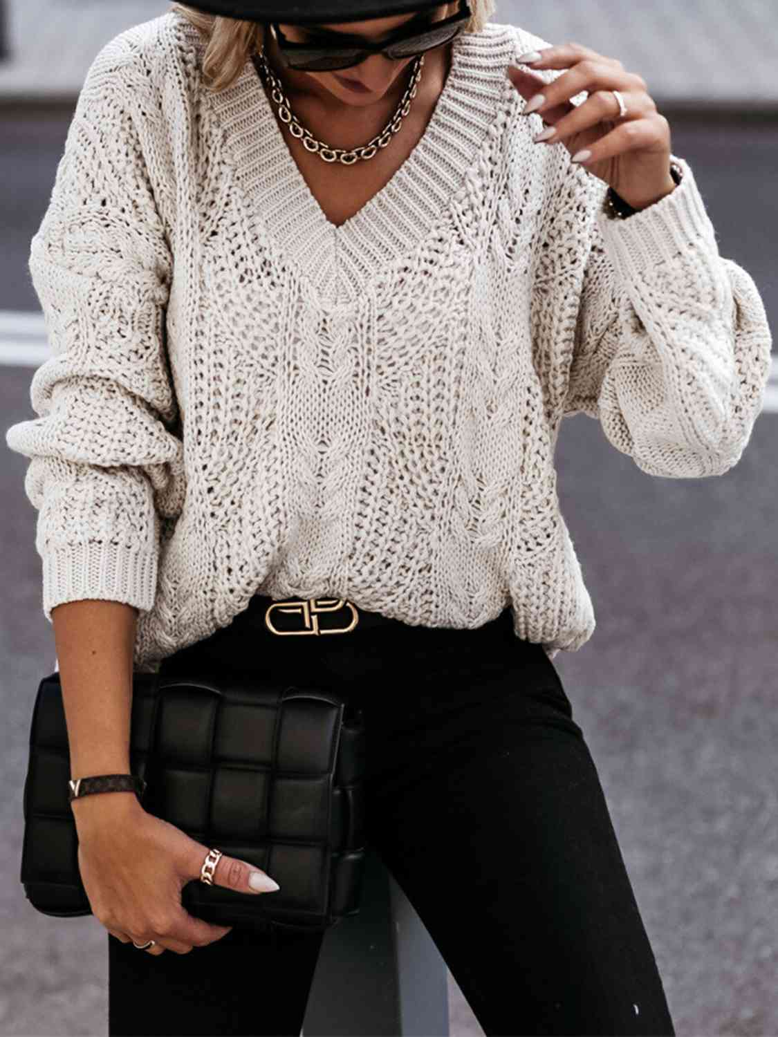 V-Neck Cable-Knit Long Sleeve Sweater - Scarlett's Riverside Boutique 