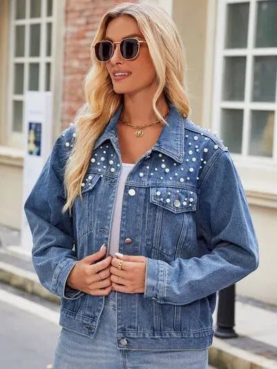 Pearl Detail Collared Neck Long Sleeve Denim Jacket - Scarlett's Riverside Boutique 