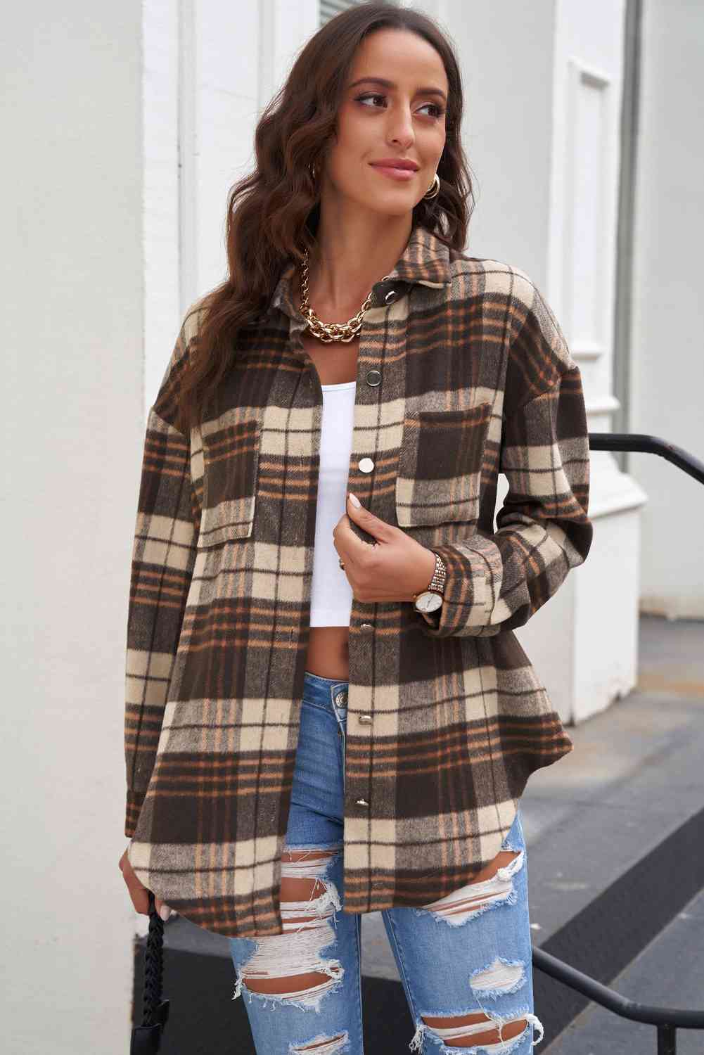 Plaid Curved Hem Dropped Shoulder Longline Shirt Jacket - Scarlett's Riverside Boutique 