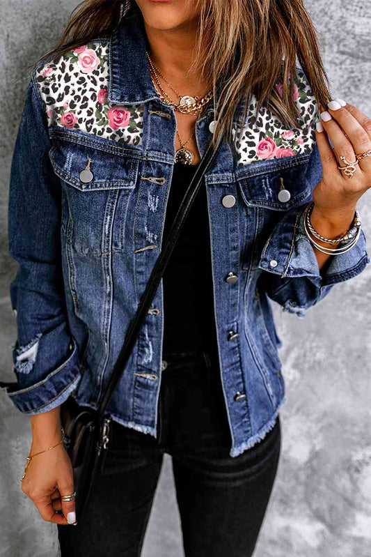 Mixed Print Distressed Button Front Denim Jacket - Scarlett's Riverside Boutique 