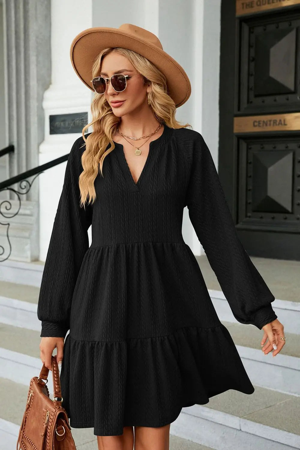 Notched Neck Long Sleeve Mini Dress - Scarlett's Riverside Boutique 