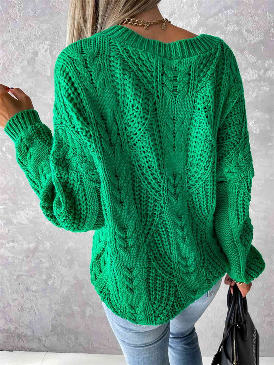 V-Neck Cable-Knit Long Sleeve Sweater - Scarlett's Riverside Boutique 