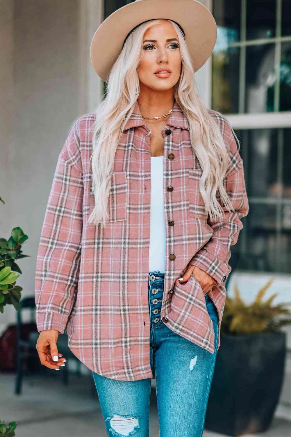 Plaid Curved Hem Dropped Shoulder Longline Shirt Jacket - Scarlett's Riverside Boutique 