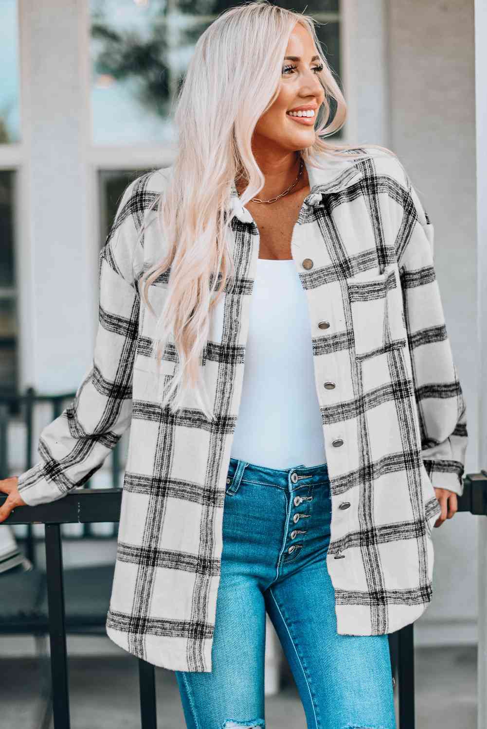 Plaid Curved Hem Dropped Shoulder Longline Shirt Jacket - Scarlett's Riverside Boutique 