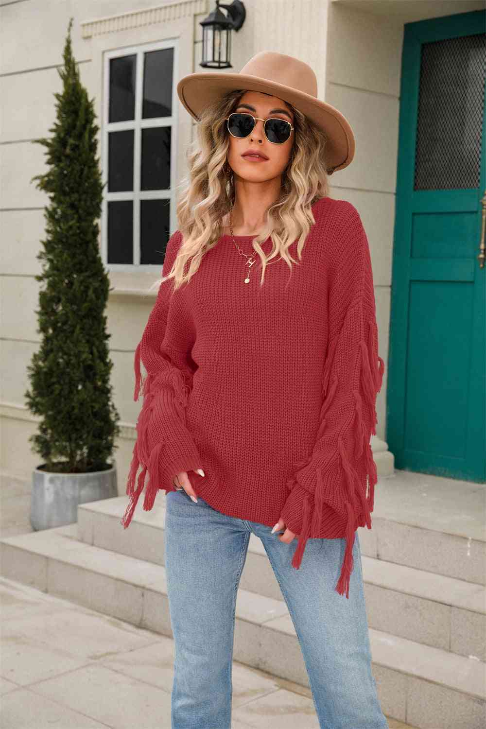 Ribbed Round Neck Fringe Detail Sweater - Scarlett's Riverside Boutique 