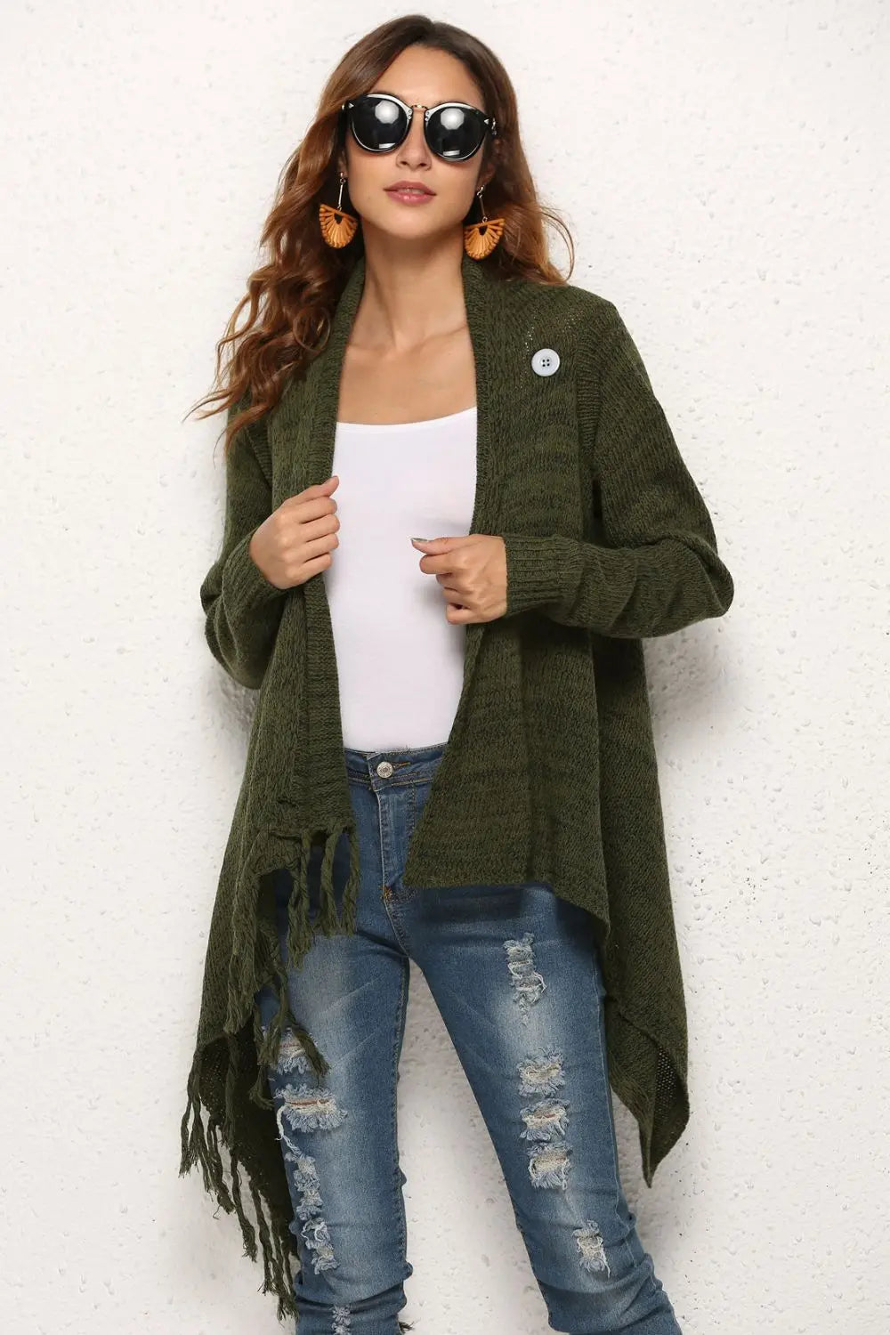 One-Button Tassel Tie Asymmetrical Hem Cardigan - Scarlett's Riverside Boutique 