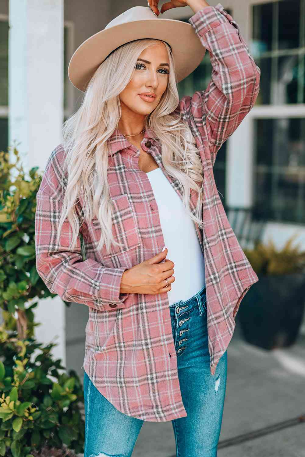 Plaid Curved Hem Dropped Shoulder Longline Shirt Jacket - Scarlett's Riverside Boutique 