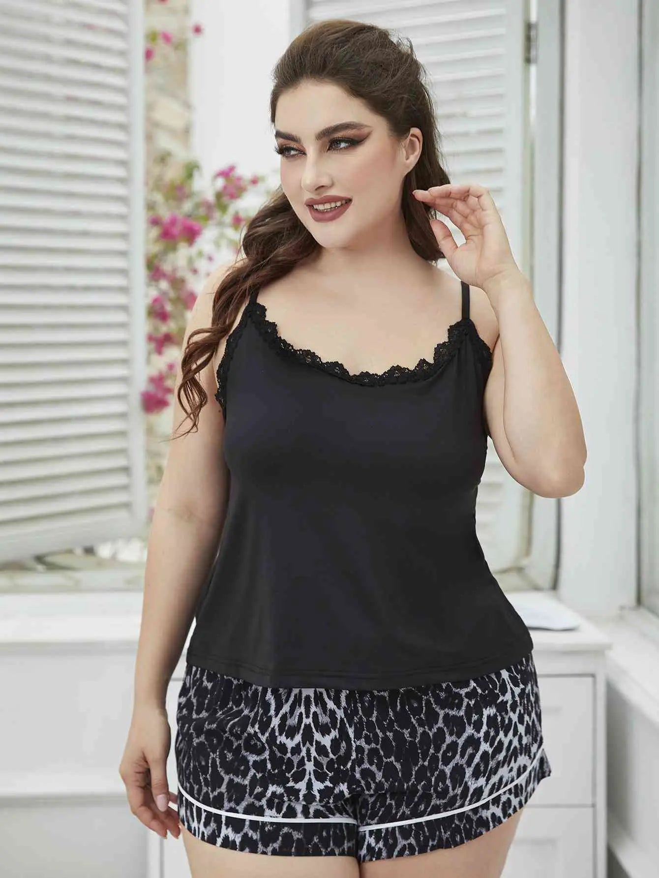 Plus Size Lace Trim Scoop Neck Cami and Printed Shorts Pajama Set - Scarlett's Riverside Boutique 