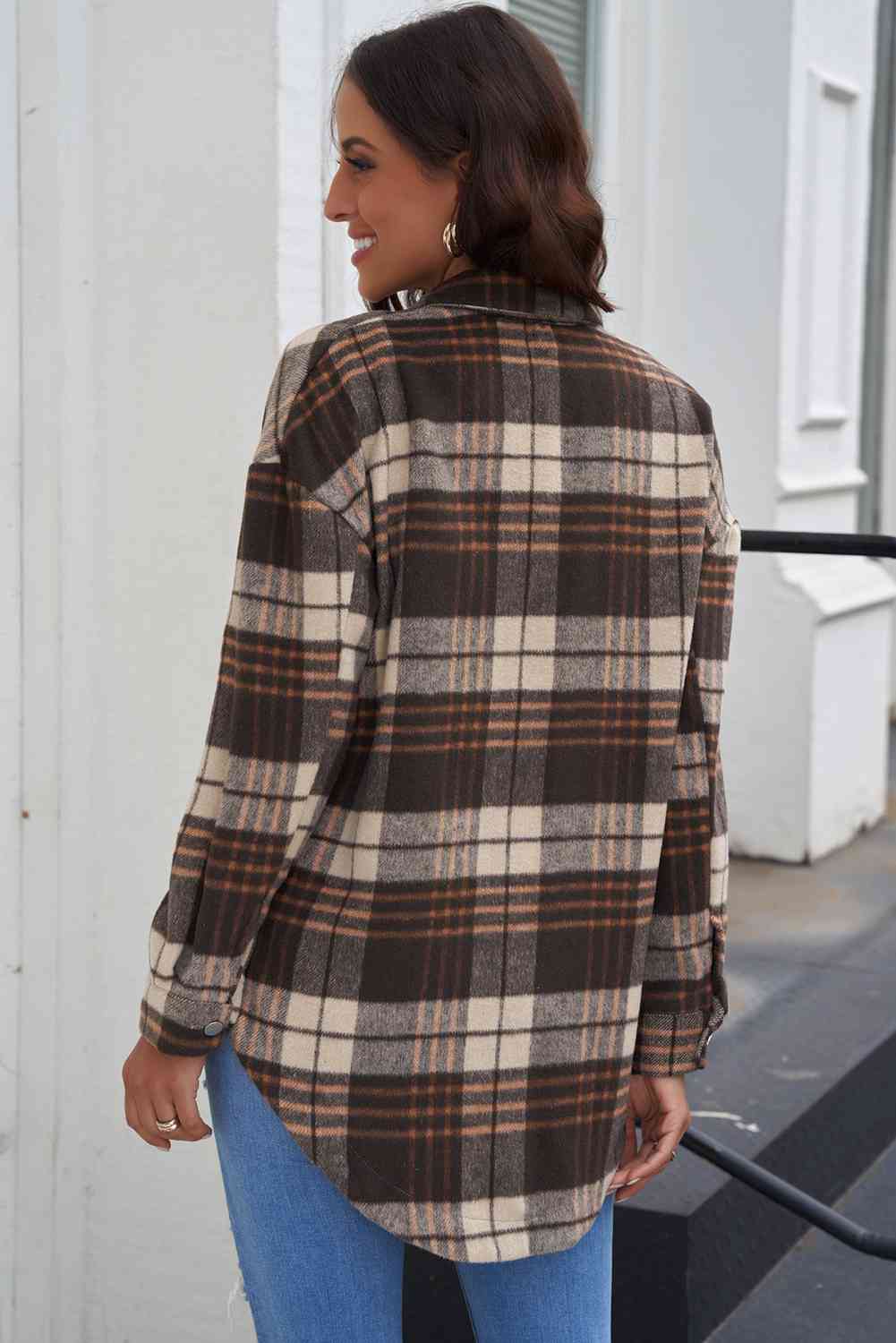 Plaid Curved Hem Dropped Shoulder Longline Shirt Jacket - Scarlett's Riverside Boutique 