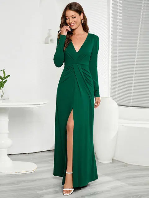 V-Neck Long Sleeve Split Dress - Scarlett's Riverside Boutique 