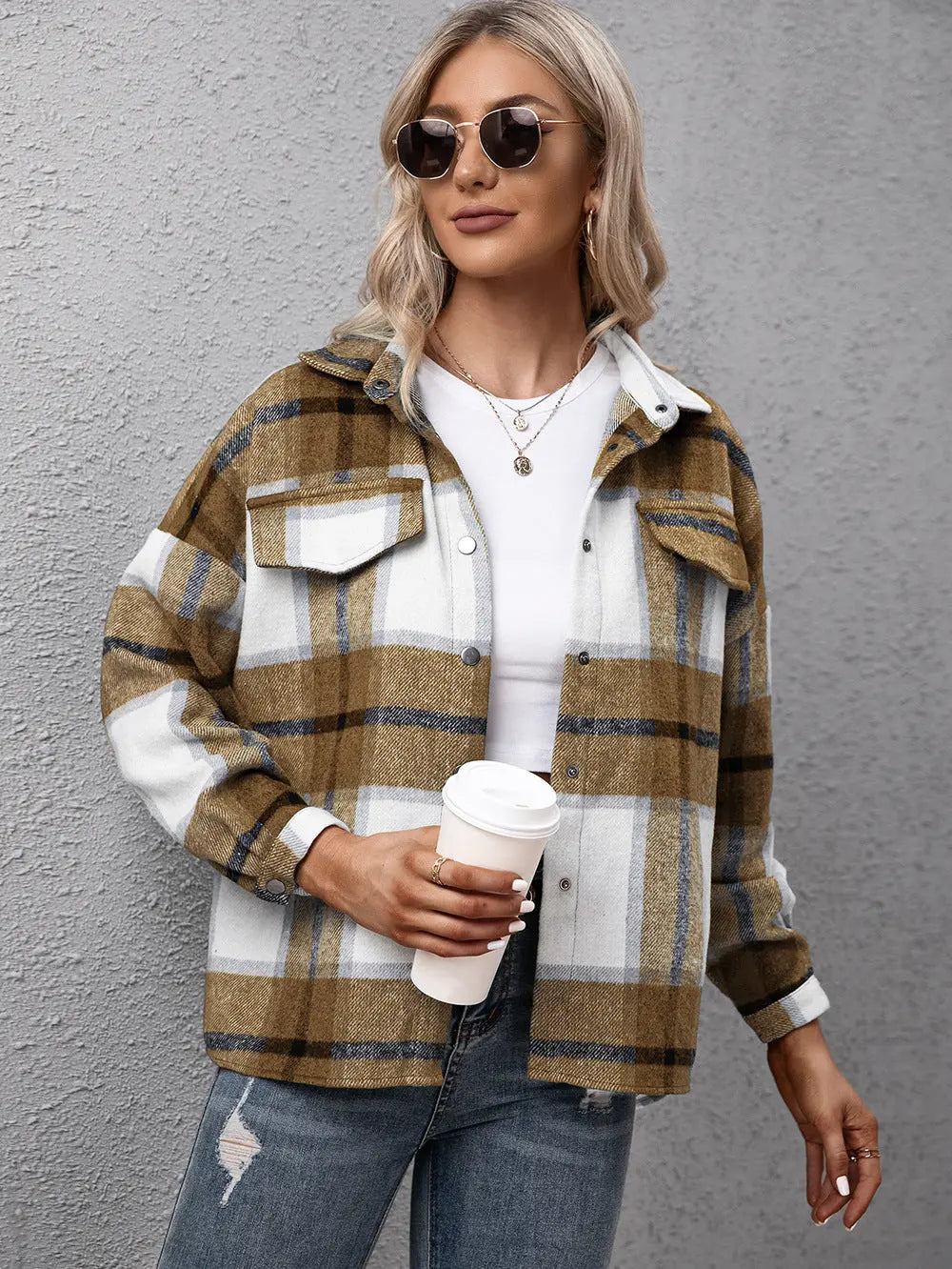 Plaid Long Sleeve Shirt Jacket - Scarlett's Riverside Boutique 