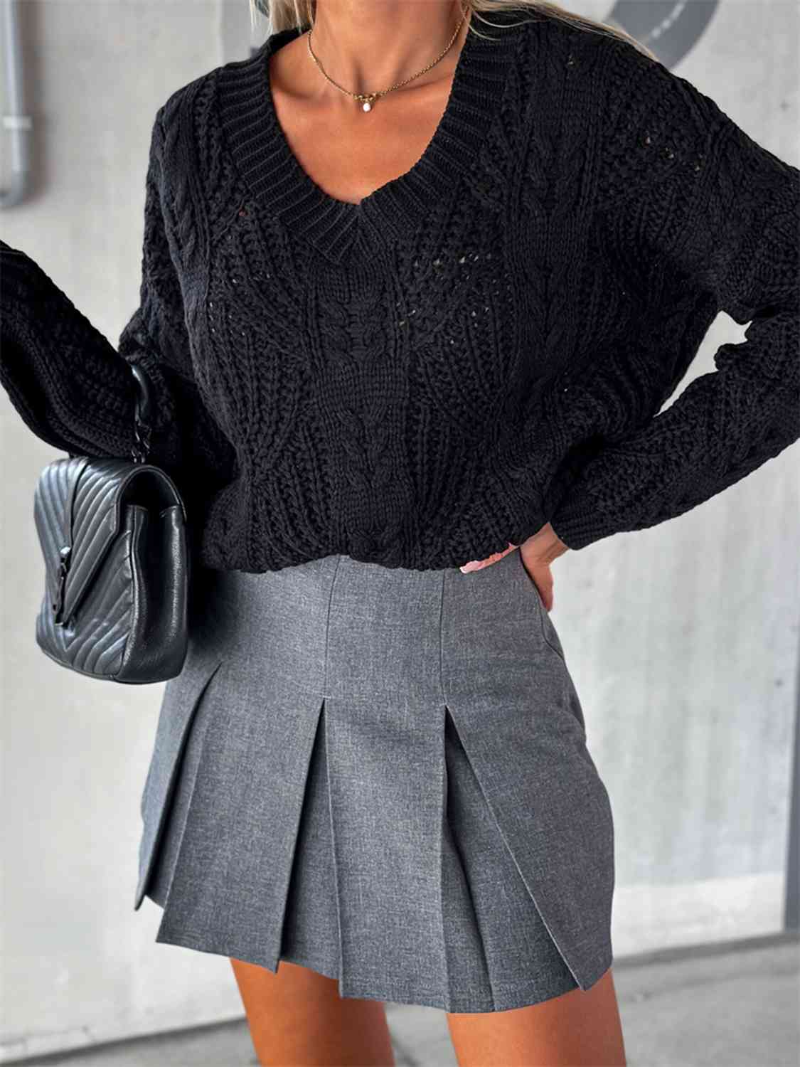 V-Neck Cable-Knit Long Sleeve Sweater - Scarlett's Riverside Boutique 