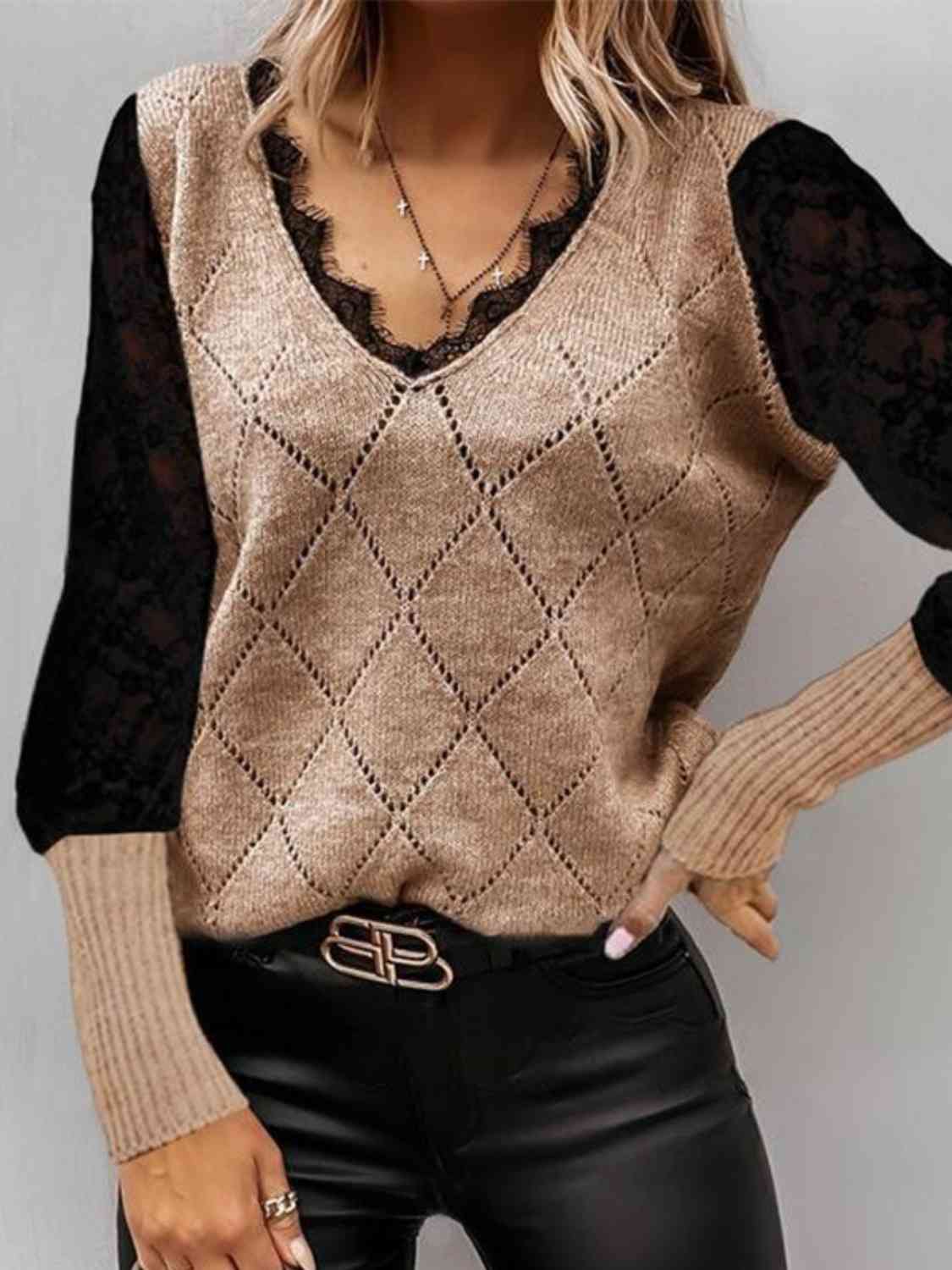Lace Decor V Neck Two Tone Sweater - Scarlett's Riverside Boutique 