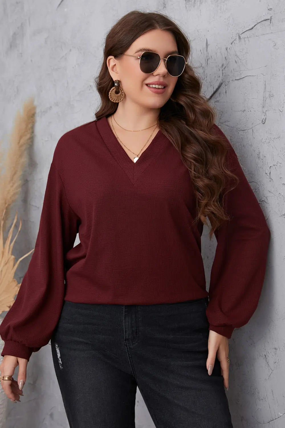 Melo Apparel Plus Size V-Neck Dropped Shoulder Blouse - Scarlett's Riverside Boutique 