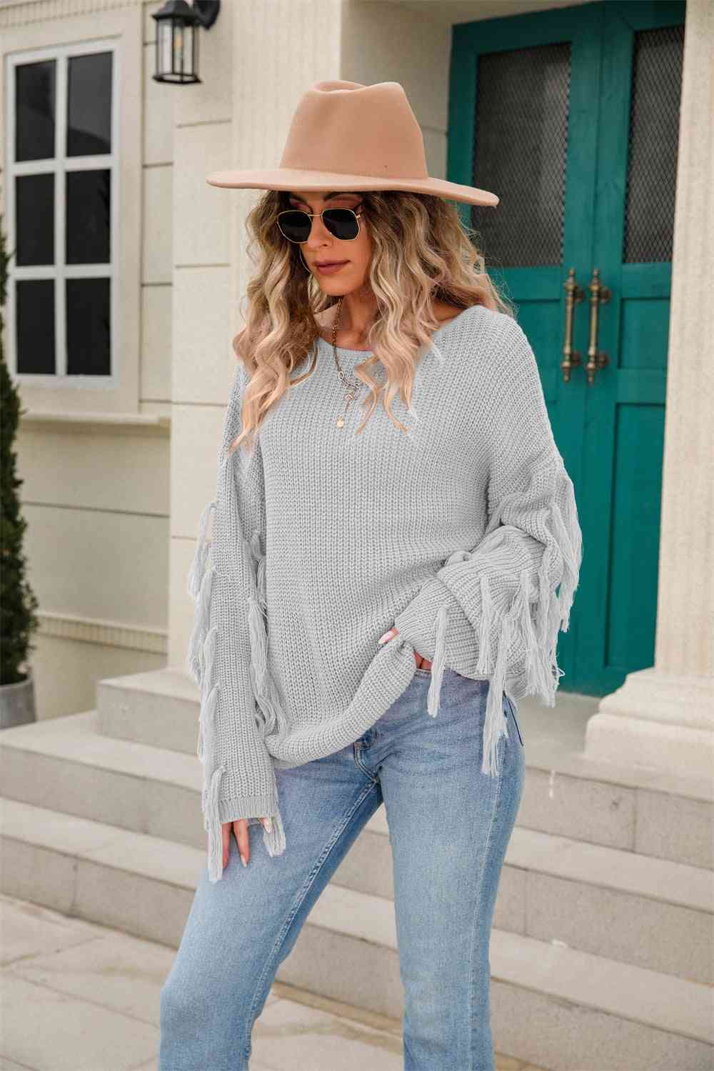 Ribbed Round Neck Fringe Detail Sweater - Scarlett's Riverside Boutique 