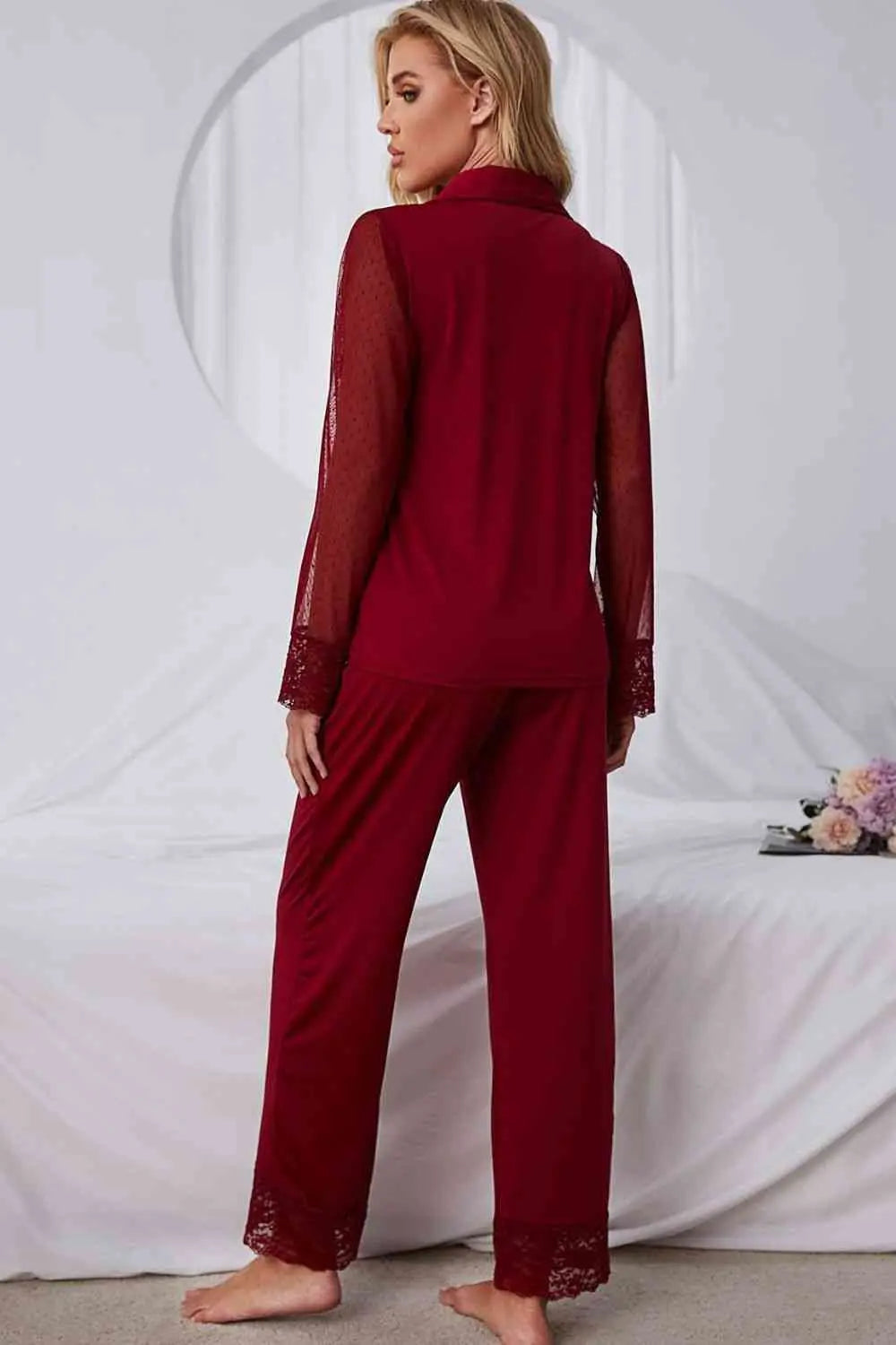 Spliced Lace Lapel Collar Pajama Set - Scarlett's Riverside Boutique 