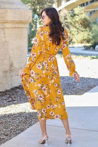 Double Take Full Size Floral Tie Back Flounce Sleeve Dress - Scarlett's Riverside Boutique 