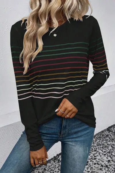 Striped Round Neck Long Sleeve T-Shirt - Scarlett's Riverside Boutique 