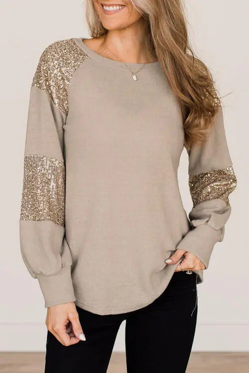 Sequin Round Neck Long Sleeve T-Shirt - Scarlett's Riverside Boutique 