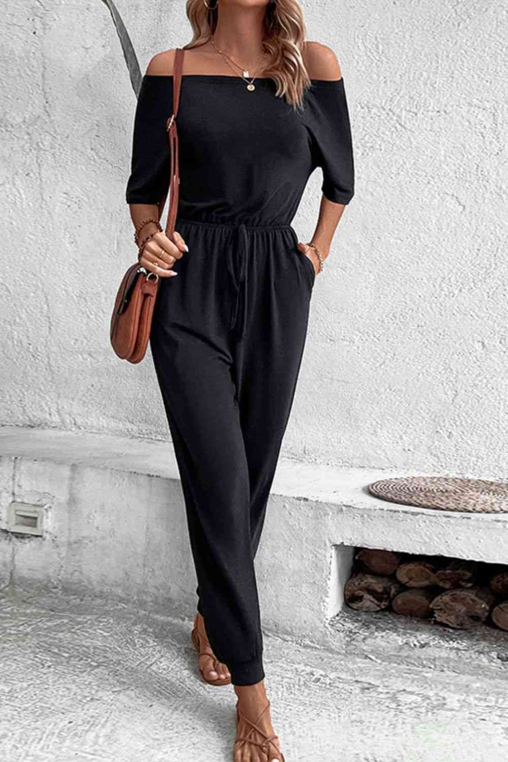 Off-Shoulder Jumpsuit with Pockets - Scarlett's Riverside Boutique 