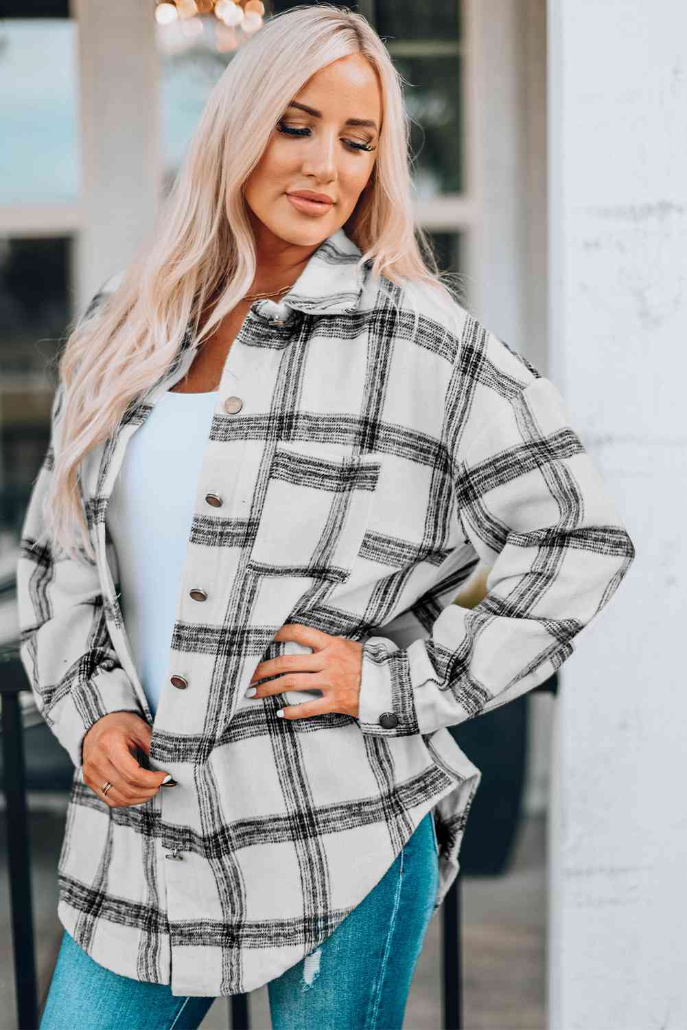 Plaid Curved Hem Dropped Shoulder Longline Shirt Jacket - Scarlett's Riverside Boutique 