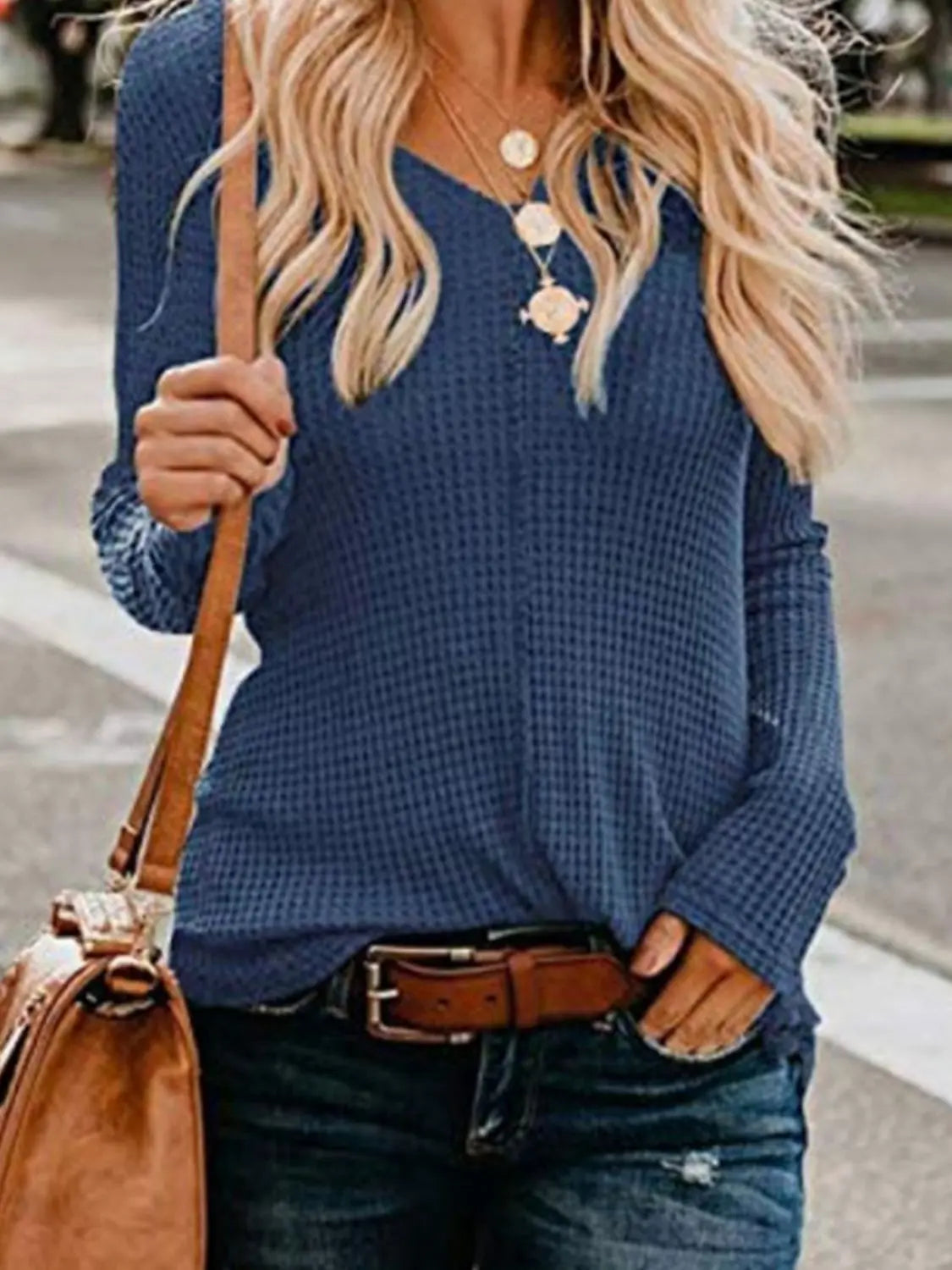 Waffle-Knit V-Neck Top - Scarlett's Riverside Boutique 