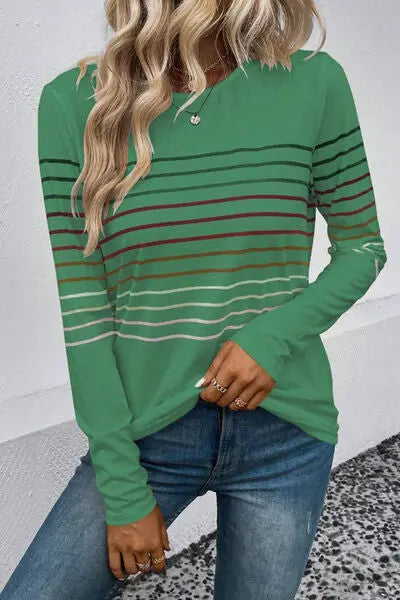 Striped Round Neck Long Sleeve T-Shirt - Scarlett's Riverside Boutique 