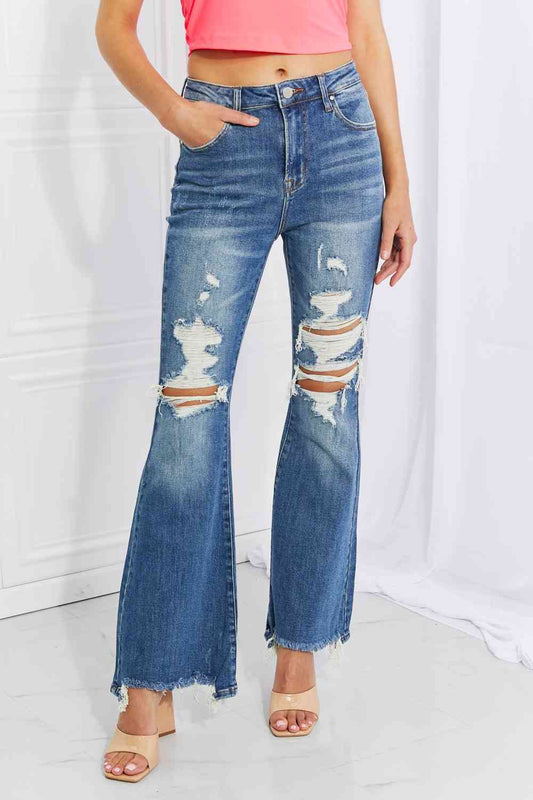 RISEN Full Size Hazel High Rise Distressed Flare Jeans - Scarlett's Riverside Boutique 
