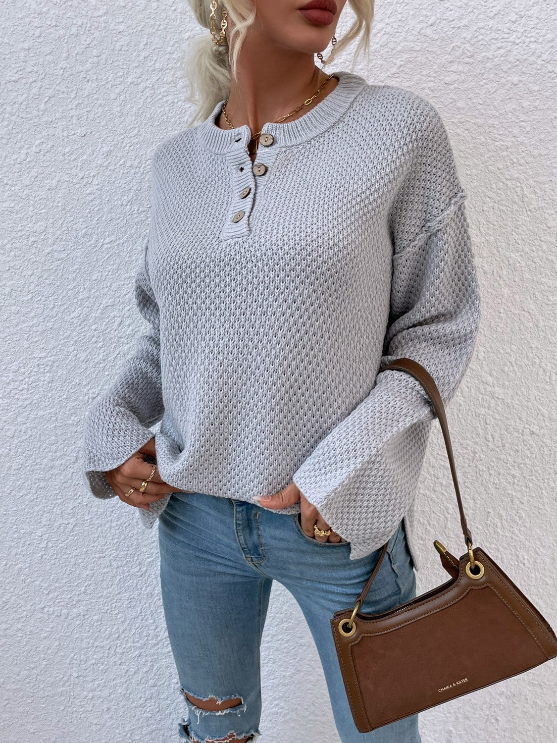 Quarter-Button Slit Sweater - Scarlett's Riverside Boutique 
